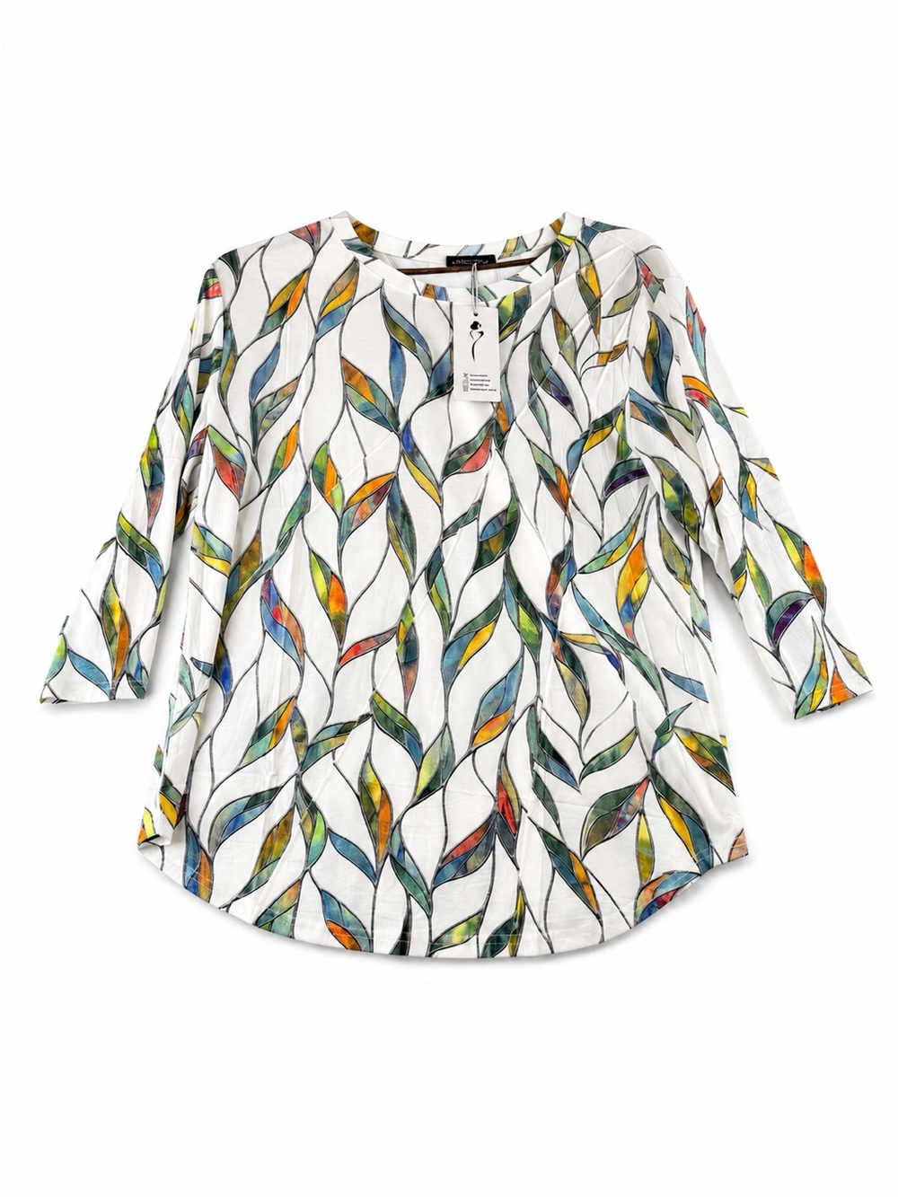 Women's White Leaf Print Blouse Multicolor 3/4‎ Sleeve Relaxed Fit XL